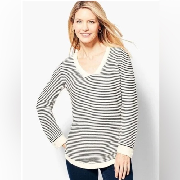 Talbots Petite Sweater Navy Cream Striped Link Stitch V Neck Pullover XLP Sailor - Picture 1 of 12